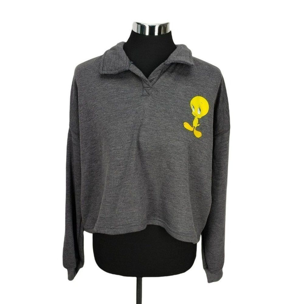 Looney Tunes Women's Gray Polo Pullover Long Sleeve Tweety Bird Shirt Size Small